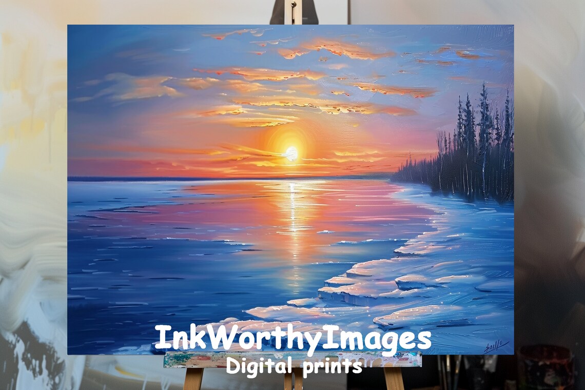 Vibrant Sunset Winter Landscape, Frozen Lake Art