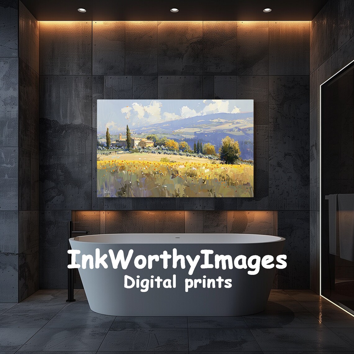 Tuscan Sunflower Fields, Countryside Landscape Painting - Image 5