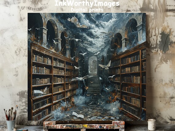 Enchanted Library With Flying Books, Fantasy Art Print