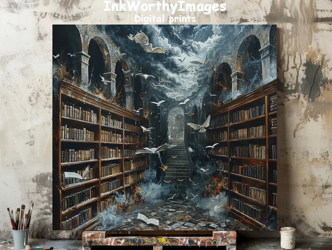 Enchanted Library With Flying Books, Fantasy Art Print