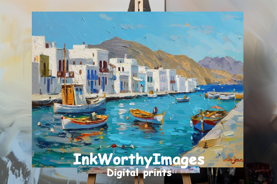 Greek Seaside Village, Mediterranean Harbor Scene