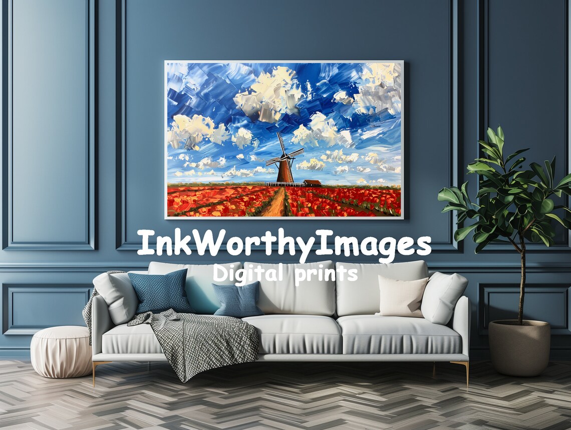 Abstract Tulip Fields and Windmill, Dutch Landscape Art - Image 4