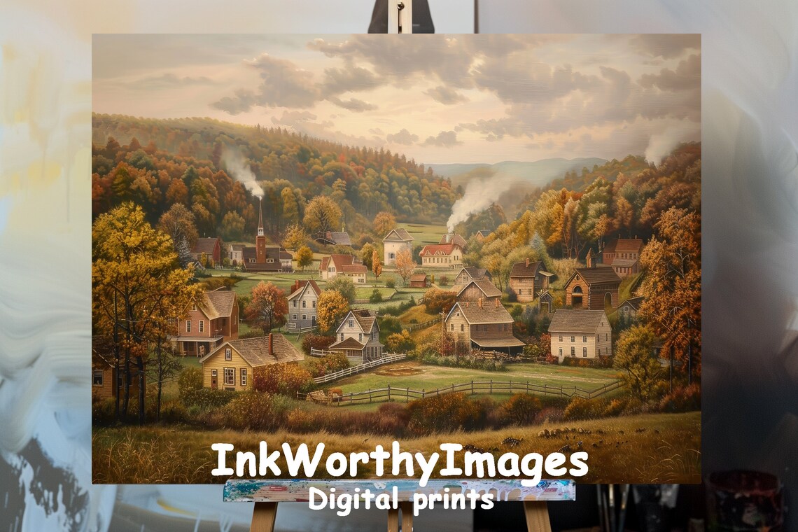 Charming Autumn Village, Cozy Fall Landscape Art