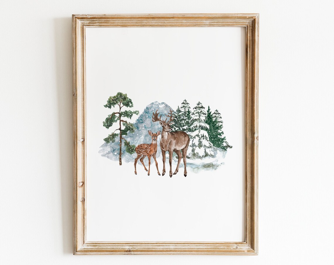 Watercolor Deer Buck Fawn Snowy Pines Winter Christmas Animal Print - Image 5