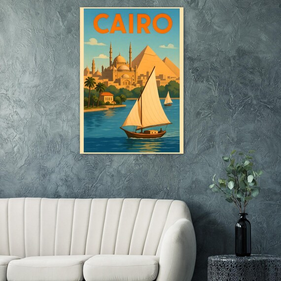 Cairo Egypt Vintage Travel Poster Pyramids Nile Felucca Sailboats