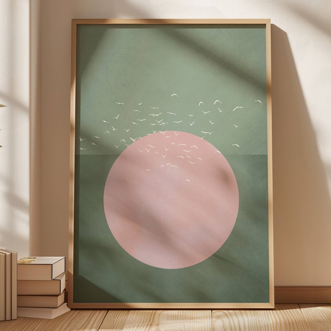 Flying Birds And Sun Japandi Art Print, Living Room Decor