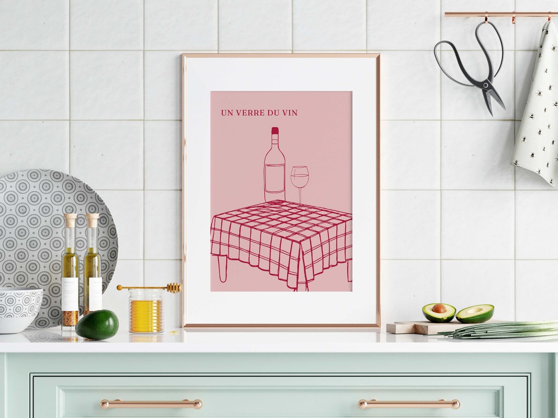 Un Verre Du Vin Pink Line Art French Wine Kitchen Decor Poster - Image 3