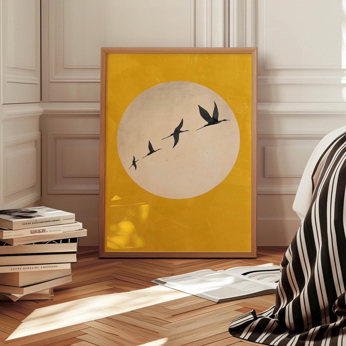 Japandi Yellow Sun Flying Birds Silhouette Minimal Art Poster