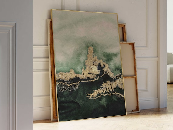 Green And Gold Abstract Art Print, Wabi Sabi Decor