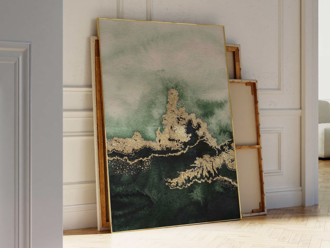 Green And Gold Abstract Art Print, Wabi Sabi Decor