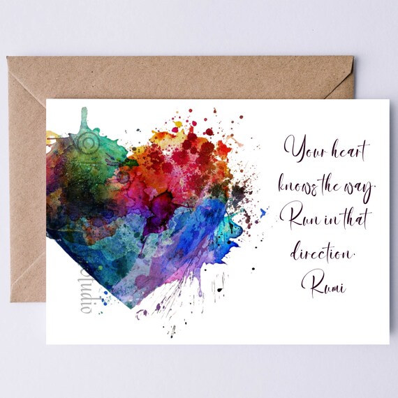 Rumi Your Heart Knows the Way Quote Heart Watercolor Card Print