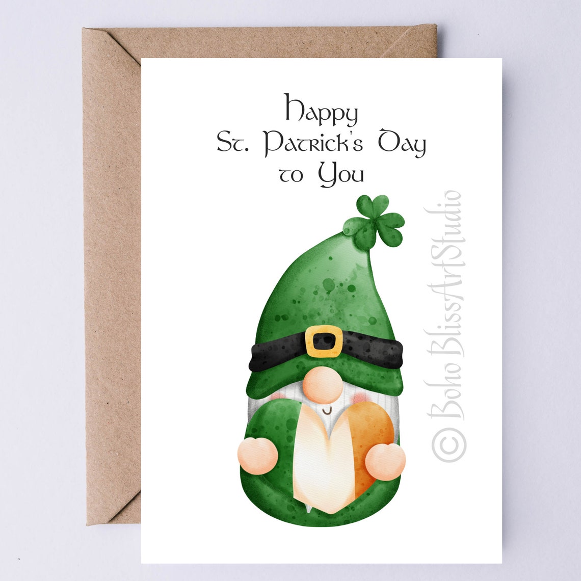 Happy St Patricks Day Leprechaun Gnome Irish Flag Heart Card Print