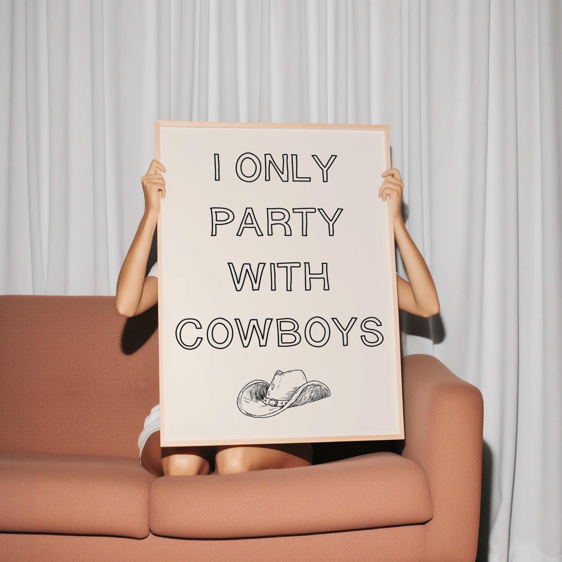 I Only Party With Cowboys Black Outline Typography Western Poster - Image 5
