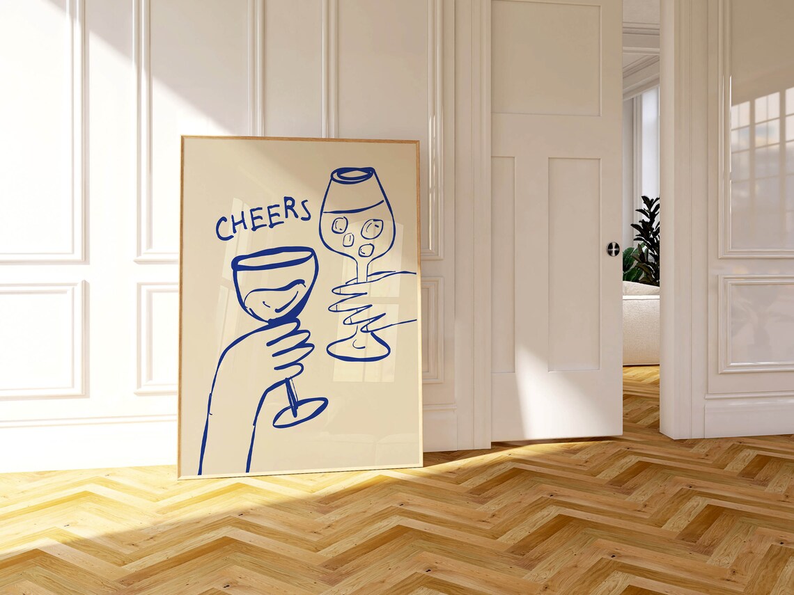 Cheers Wine Glasses Toast Blue Bar Cart Drink Art Kitchen Decor Poster - Image 3