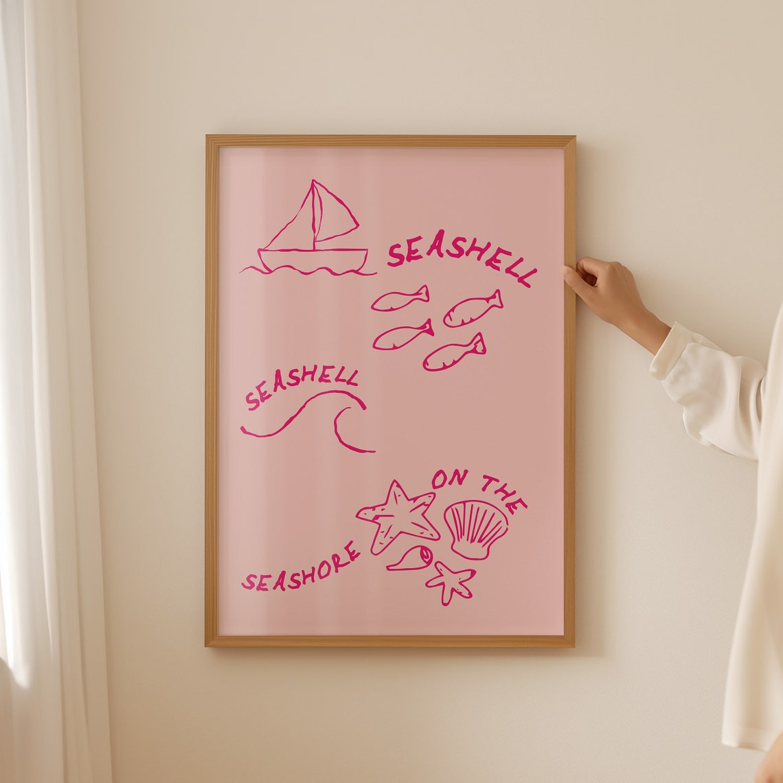 Seashell On The Seashore Pink Sailboat Hand Drawn Coastal Art Poster