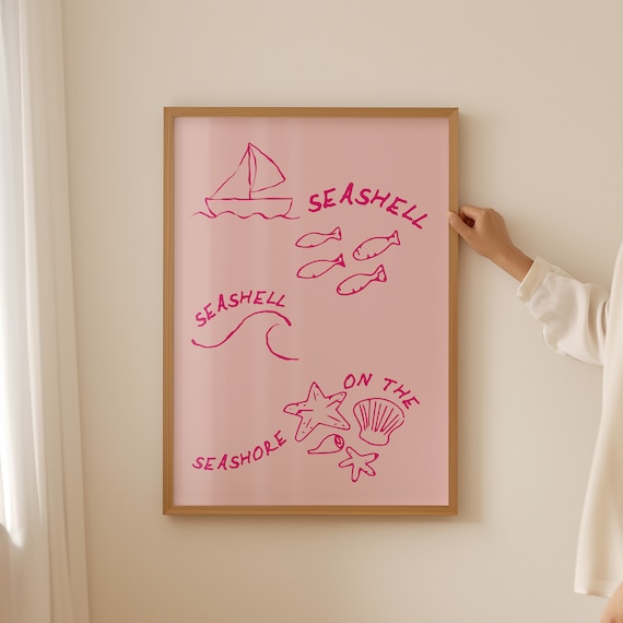 Seashell On The Seashore Pink Sailboat Hand Drawn Coastal Art Poster