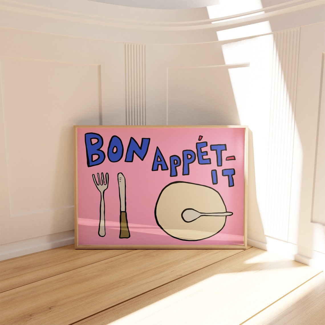 Bon Appetit Pink Horizontal Kitchen Decor Fork Knife Plate Poster - Image 5