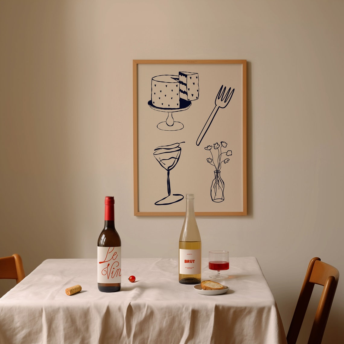 Navy Line Art Cake Fork Cocktail Glass Floral Chic Kitchen Wall Poster - Image 2