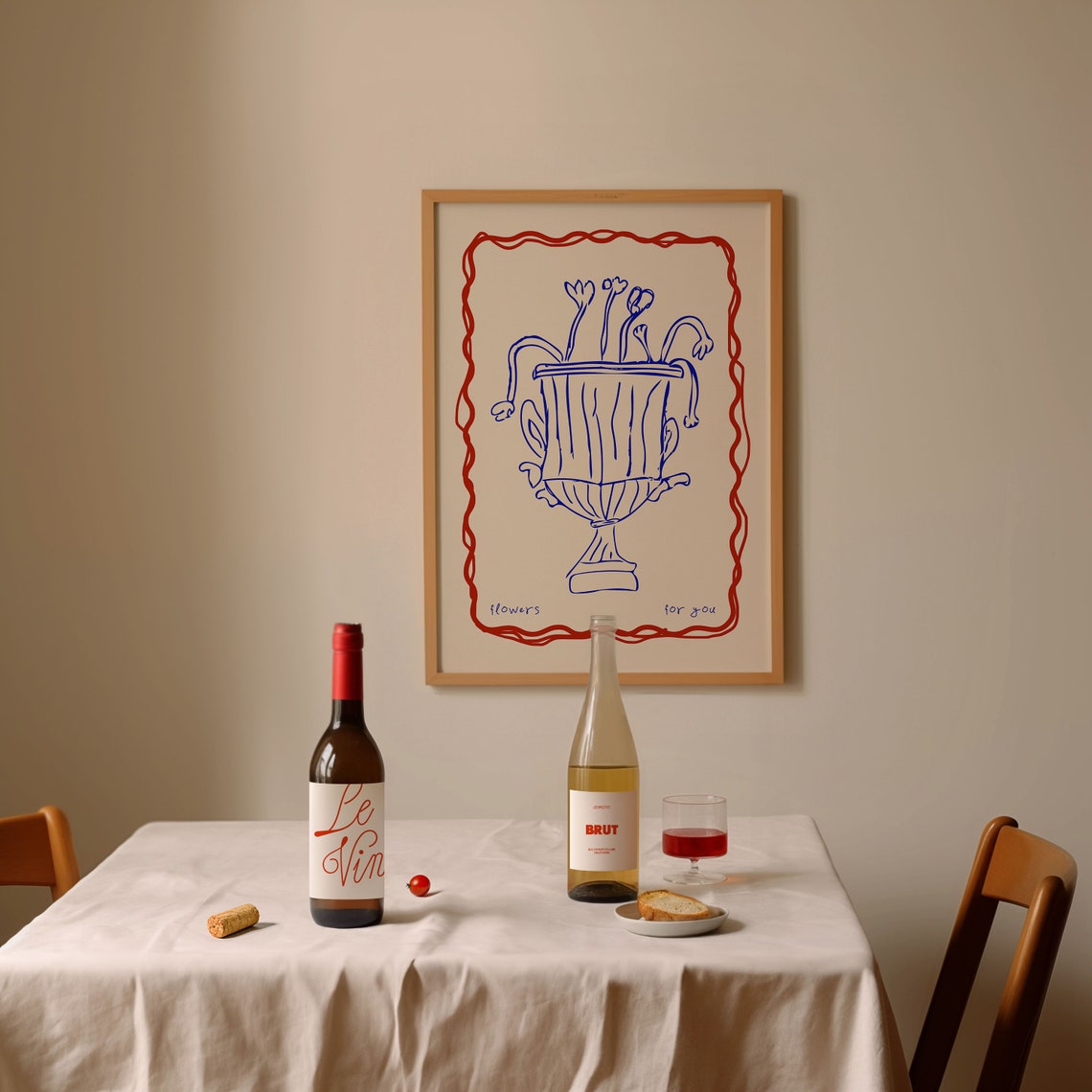 Flowers For You Blue Urn Drawing Red Wavy Border Modern Floral Poster - Image 4