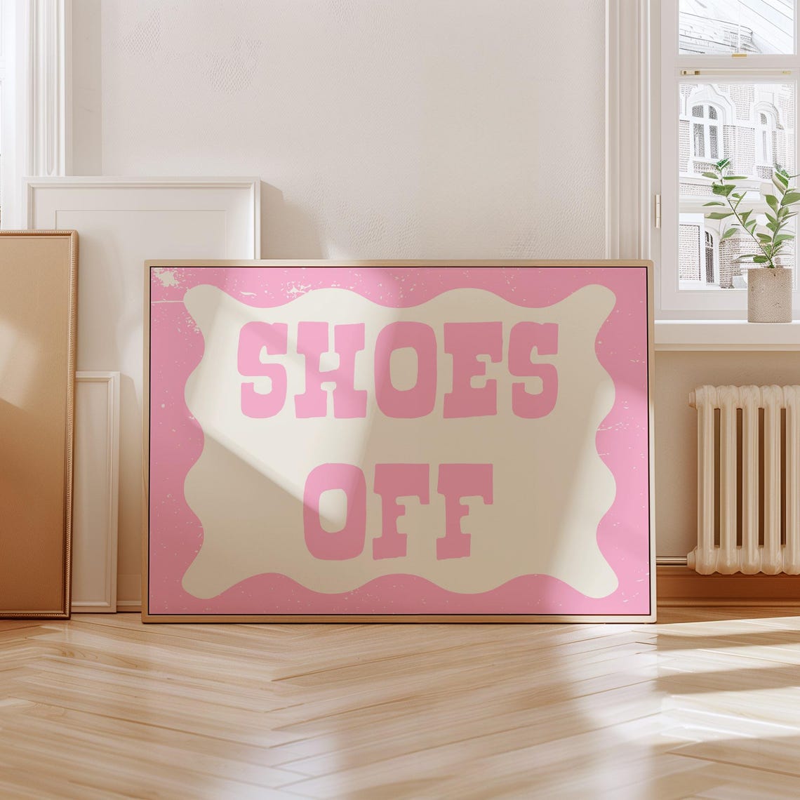 Adorable Shoes Off Pink Retro Wavy Border Entryway Quote Print - Image 2