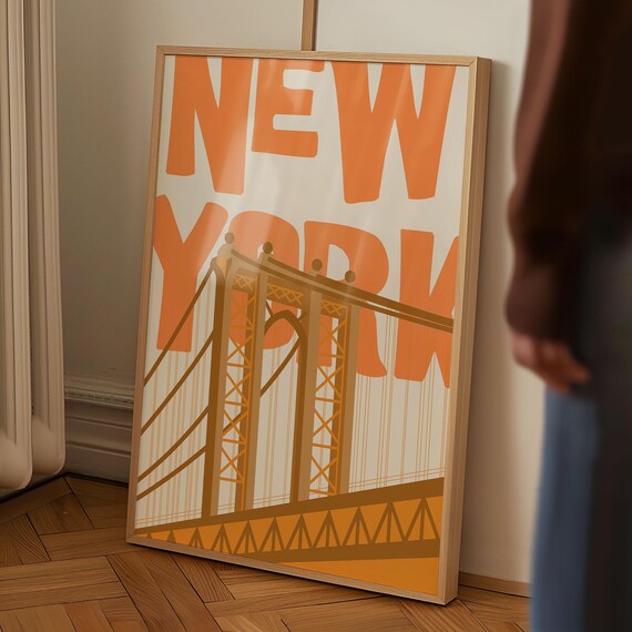 New York Orange Brooklyn Bridge Retro Bold Typography Poster