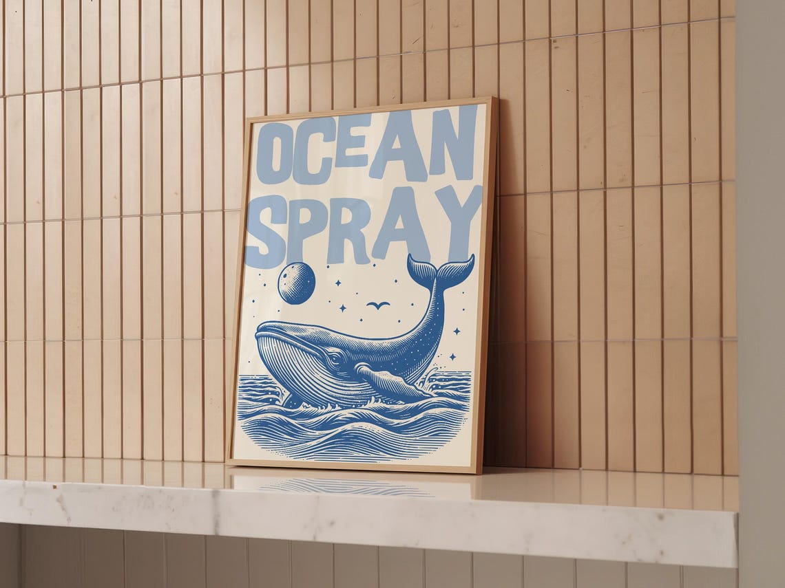 Ocean Spray Whale Vintage Retro Blue Sea Moon Stars Art Poster - Image 3