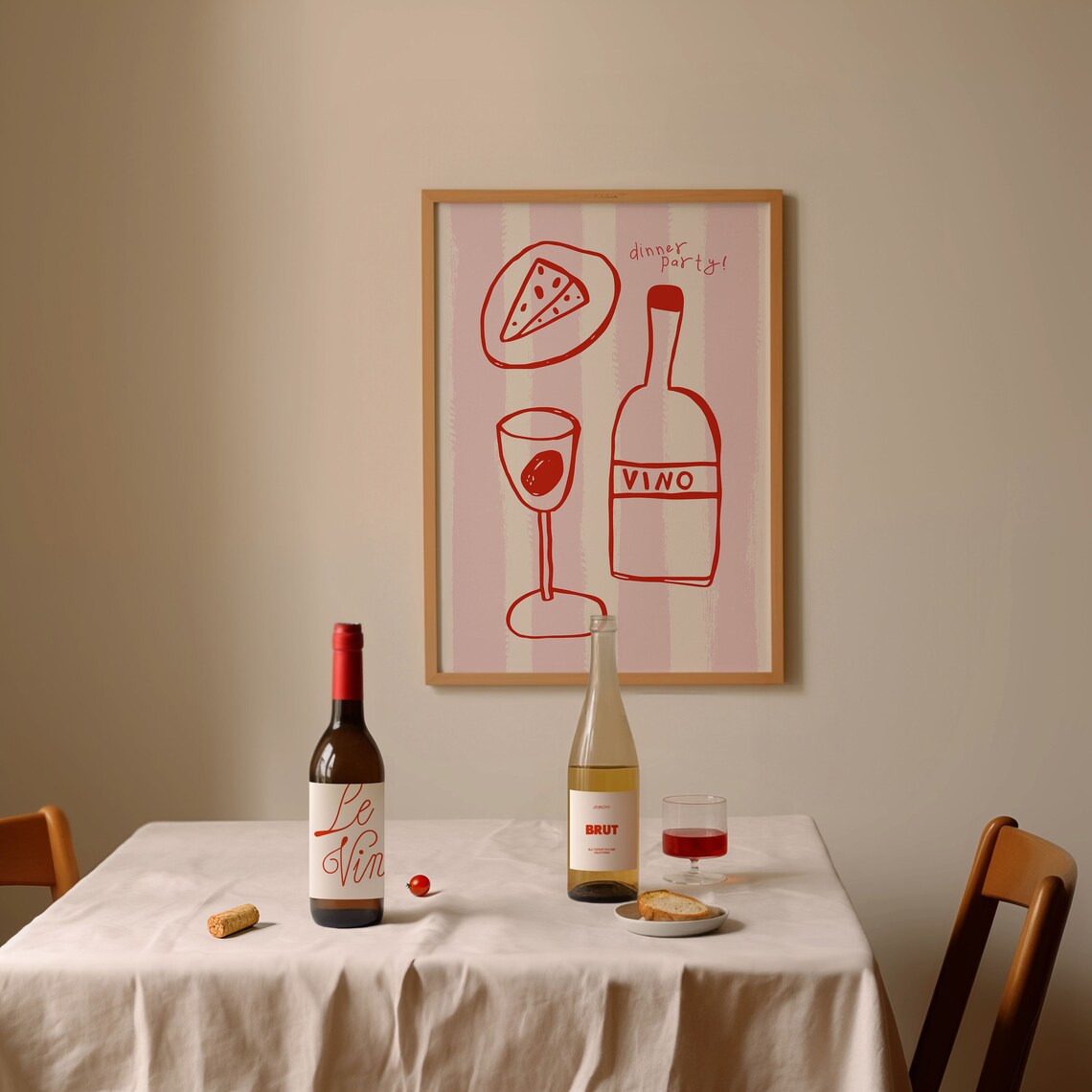Dinner Party Red Line Art Cheese Wine Vino Pink Kitchen Poster - Image 3