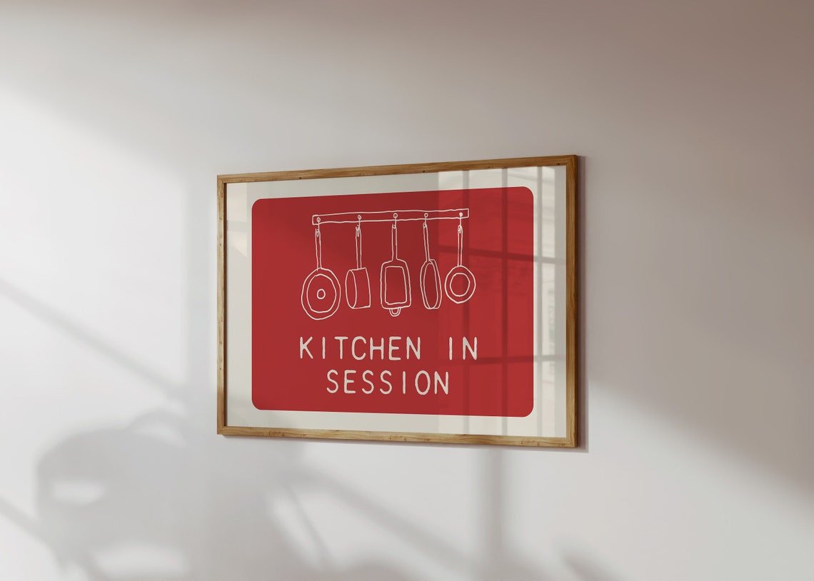 Kitchen In Session Retro Red Pans Line Art Kitchen Wall Poster - Image 3