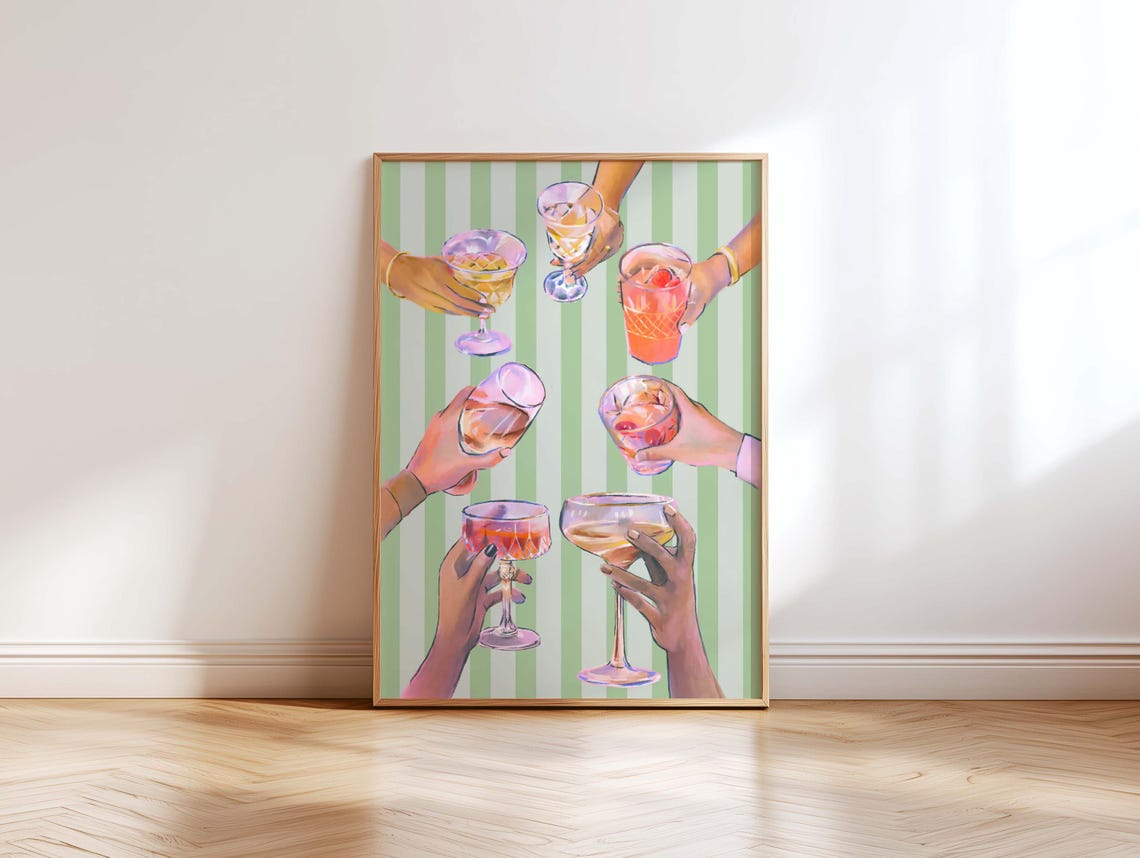 Cheers Toast Colorful Cocktail Hands Green Stripe Bar Cart Poster