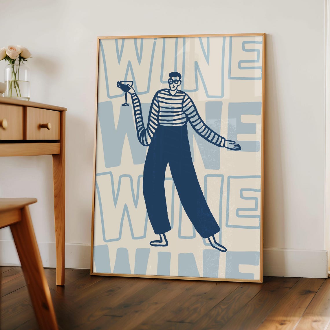 Wine Lover Retro Striped Man Blue Bar Cart Kitchen Wall Poster - Image 2