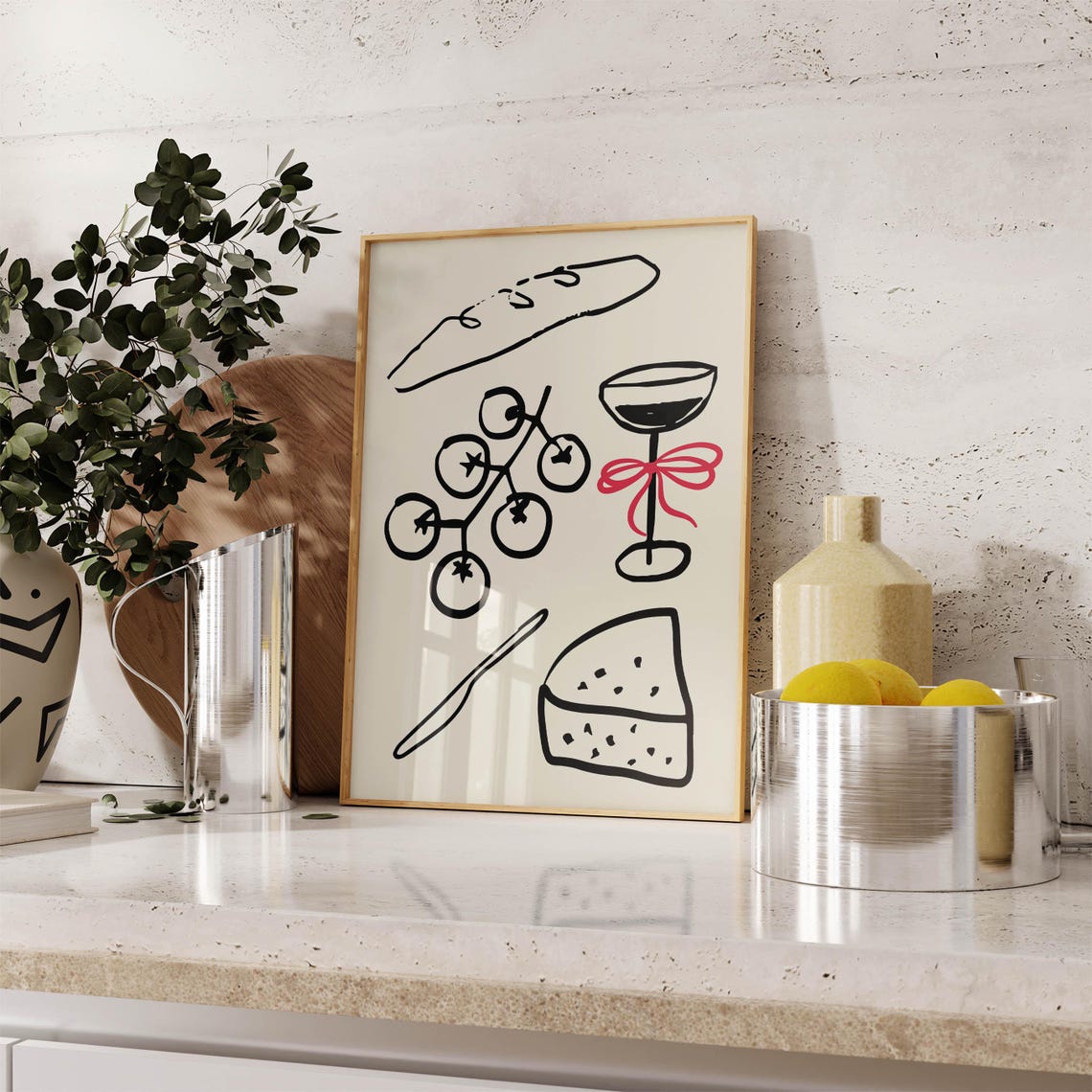 Dinner Party Food Illustration Poster Black Line Art Wine Cheese Bow - Image 3