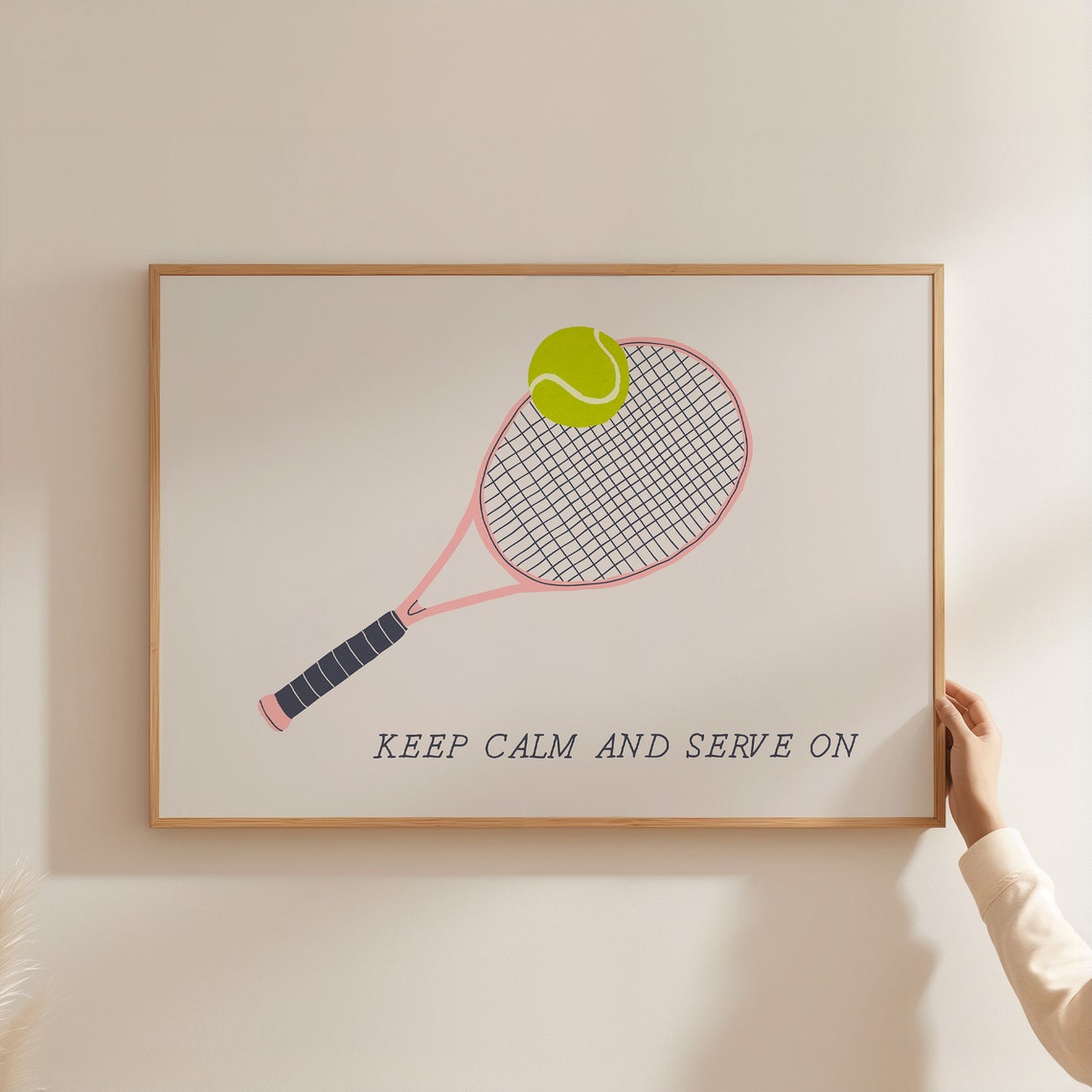 Keep Calm And Serve On Pink Tennis Racket Horizontal Sports Poster - Image 3