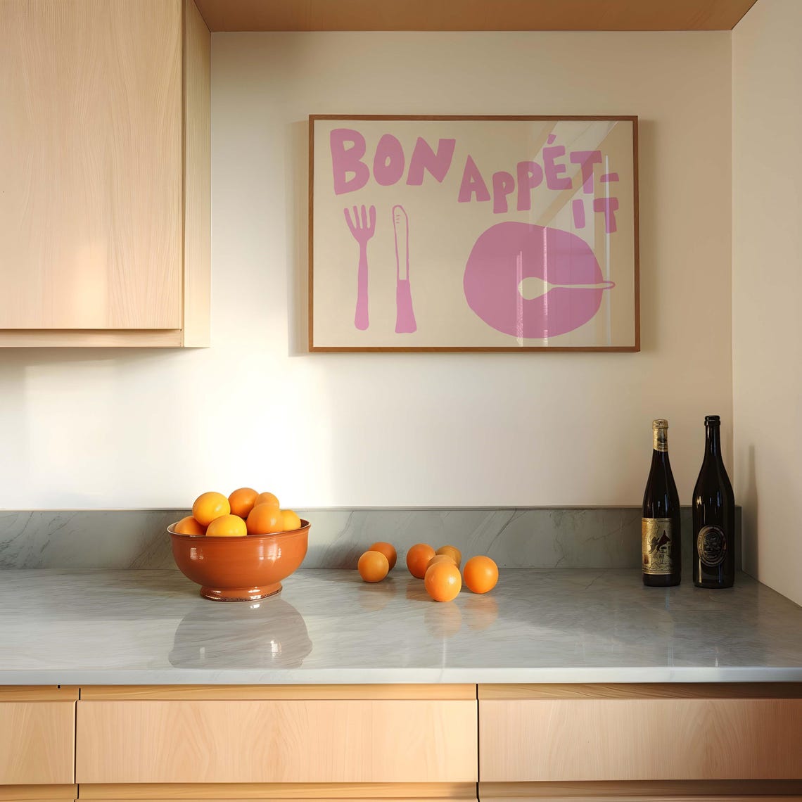 Bon Appetit Pink Kitchen Doodle Fork Knife Plate Fun Foodie Poster - Image 2