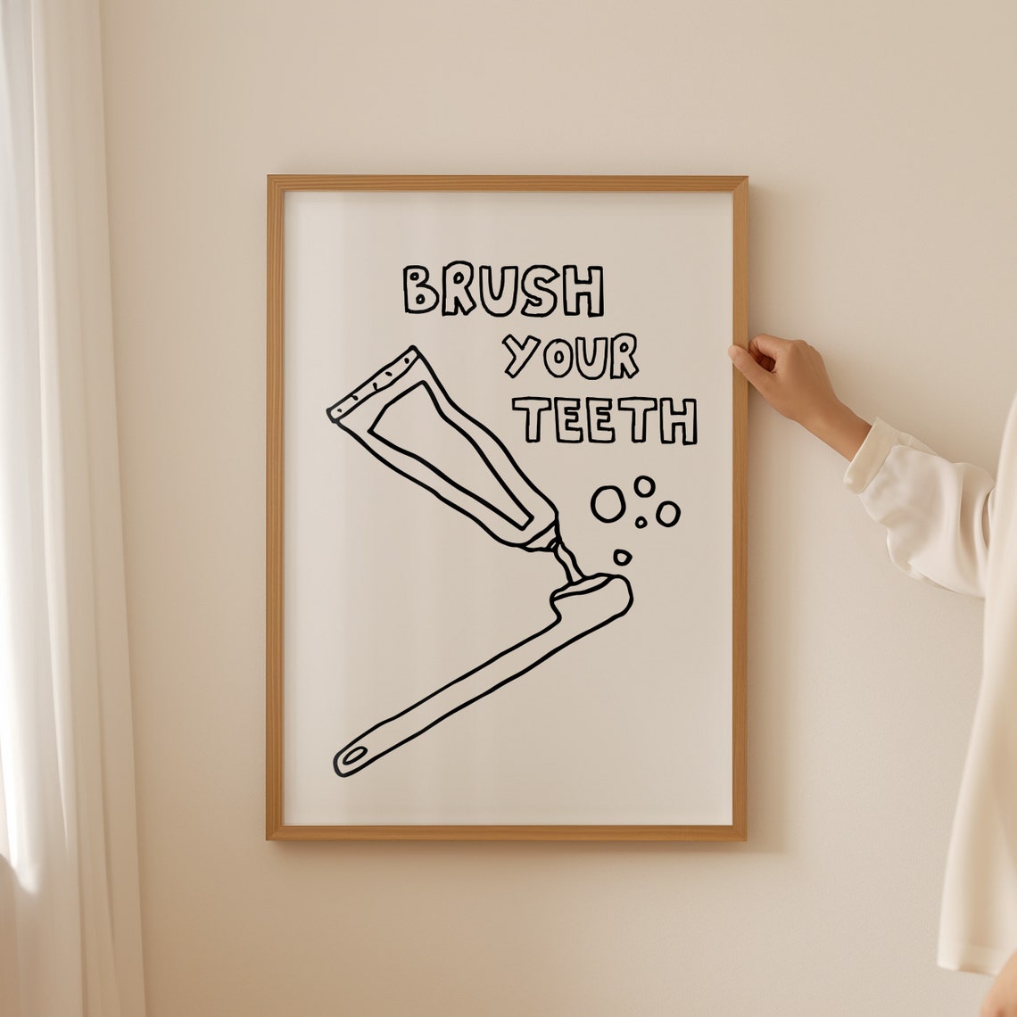 Brush Your Teeth Toothpaste Line Art Funny Bathroom Decor Poster