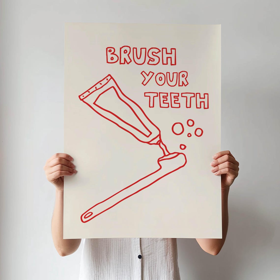 Fun Brush Your Teeth Red Toothpaste Doodle Bathroom Quote Print - Image 2