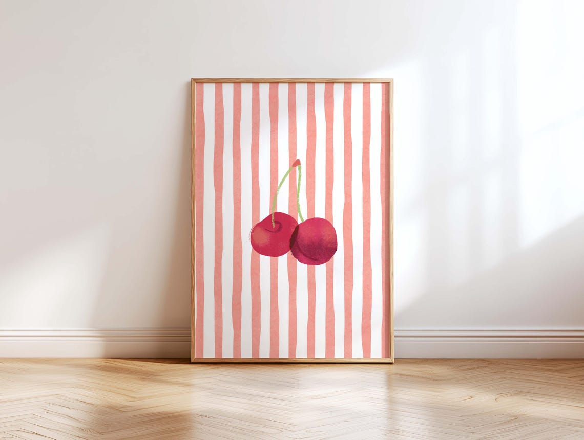 Sweet Red Cherry Pair Pink Striped Danish Pastel Kitchen Poster