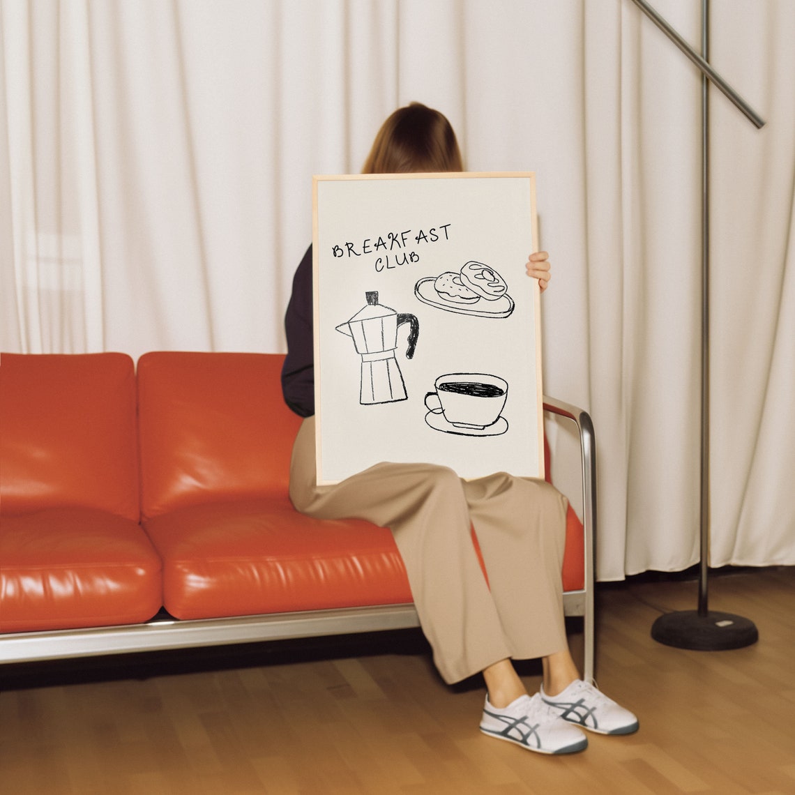 Breakfast Club Black Line Art Moka Pot Donuts Beige Kitchen Poster - Image 2