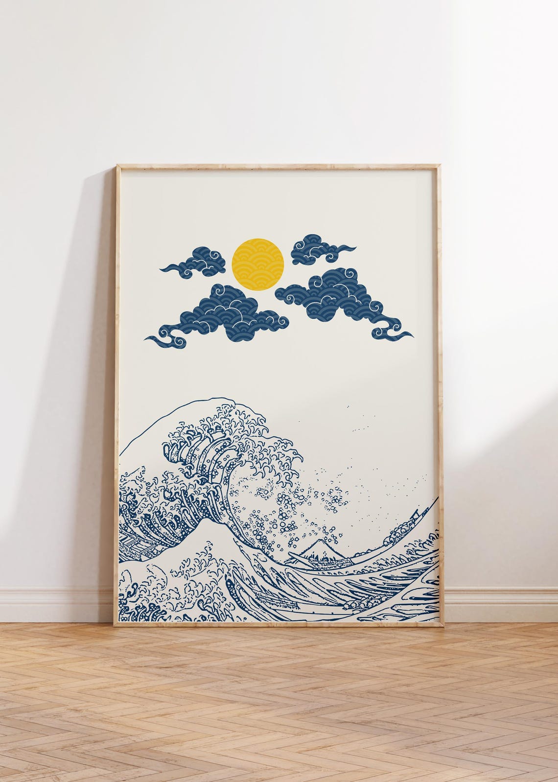 Hokusai Inspired Great Wave Japanese Ocean Art Blue Linework Poster