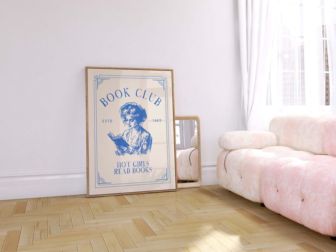 Cute Book Club Hot Girls Read Books Blue Vintage Reading Print - Image 3