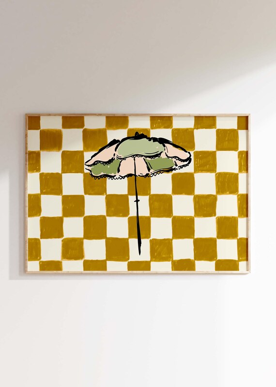 Retro Beach Umbrella Mustard Yellow Checkerboard Summer Coastal Art Poster