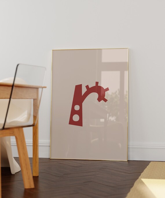 Large Bold Red Abstract Letterform R on Beige Minimalist Wall Art