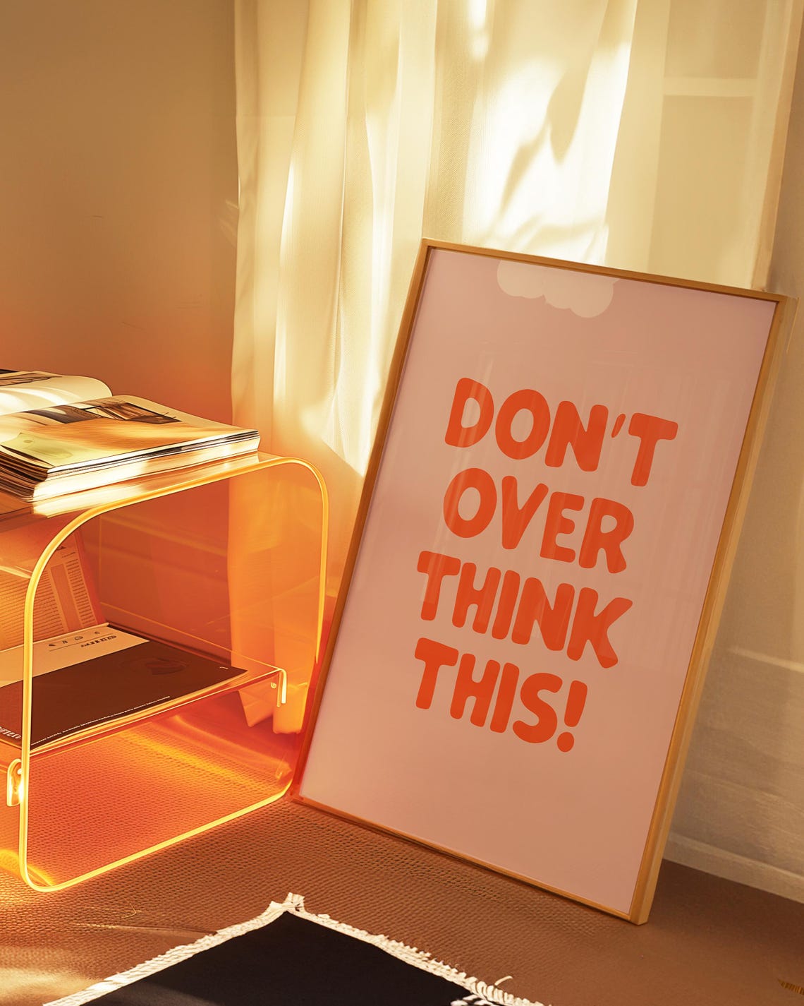 Dont Overthink This Bold Orange Quote Blush Pink Study Decor Poster - Image 3