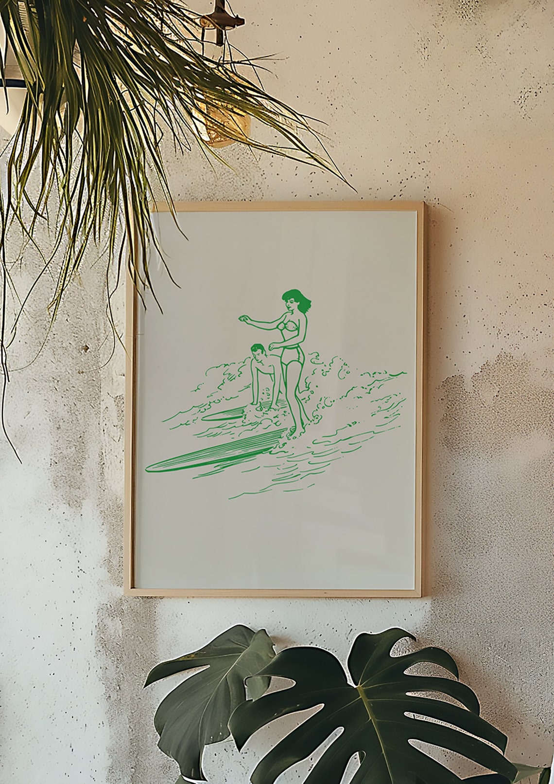 Vintage Green Surfer Girl Wave Surf Line Art Retro Beach Poster - Image 3