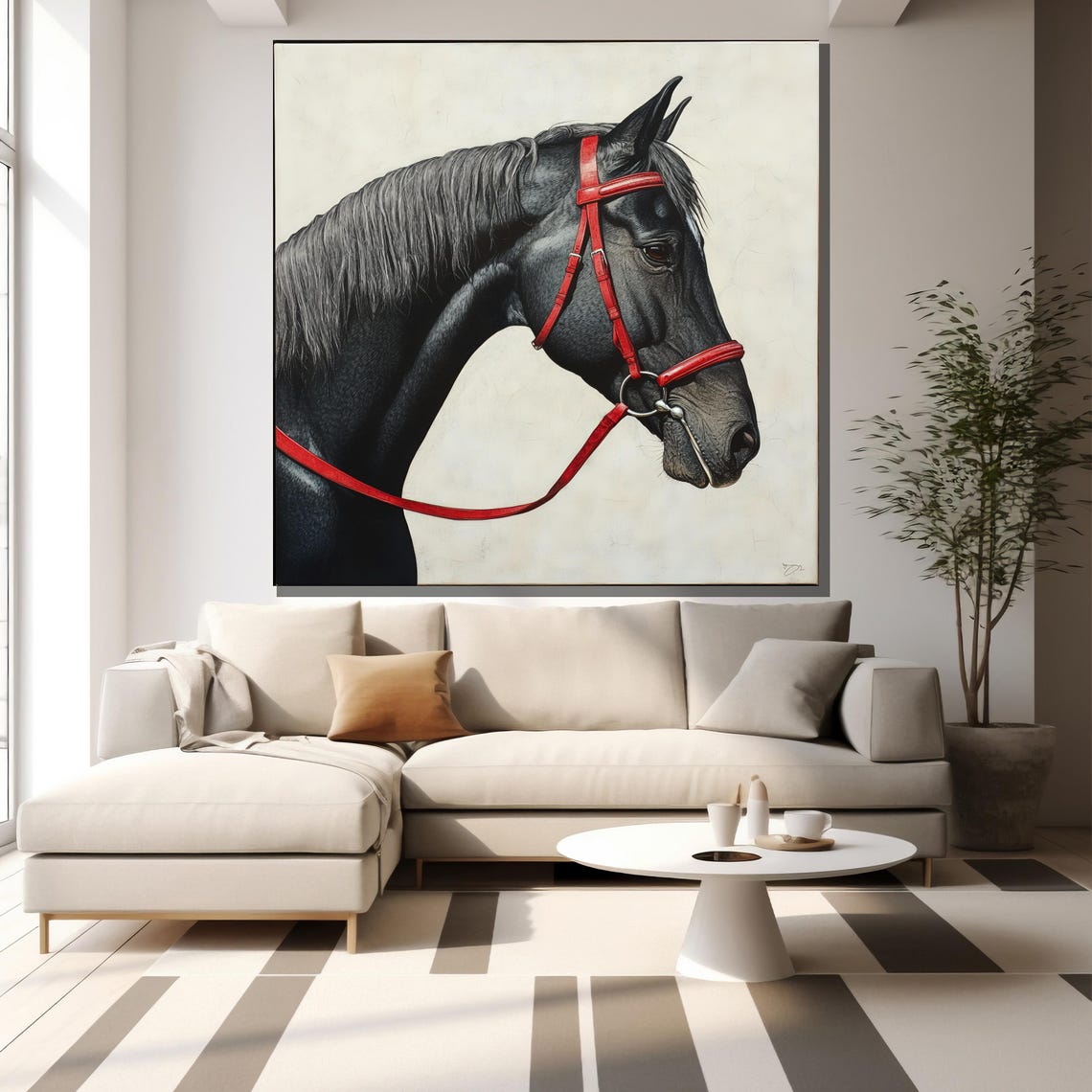 Black Horse Red Bridle Minimalist Profile Equine Elegant Wall Art - Image 2
