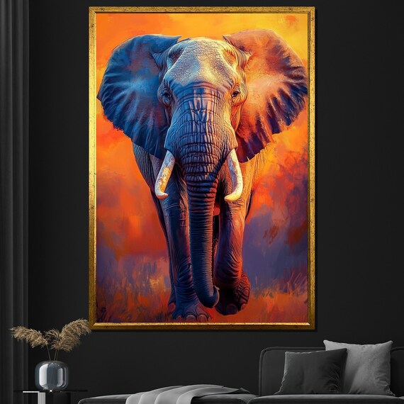 Elephant Walking Sunset Orange Blue Painting Majestic African Wildlife Wall Art Poster