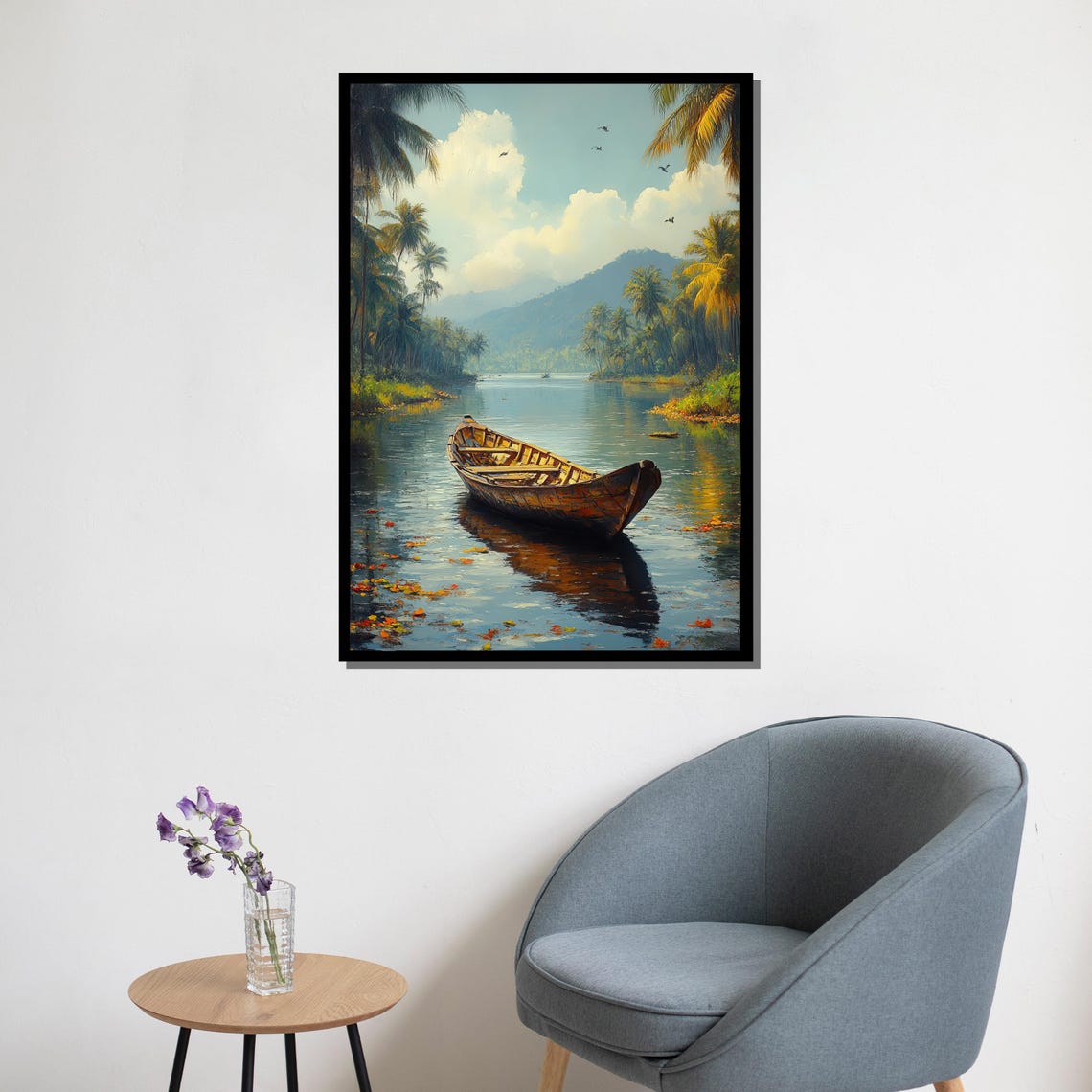 Wooden Canoe Tropical River Palm Trees Tranquil Nature Painting Poster - Image 5