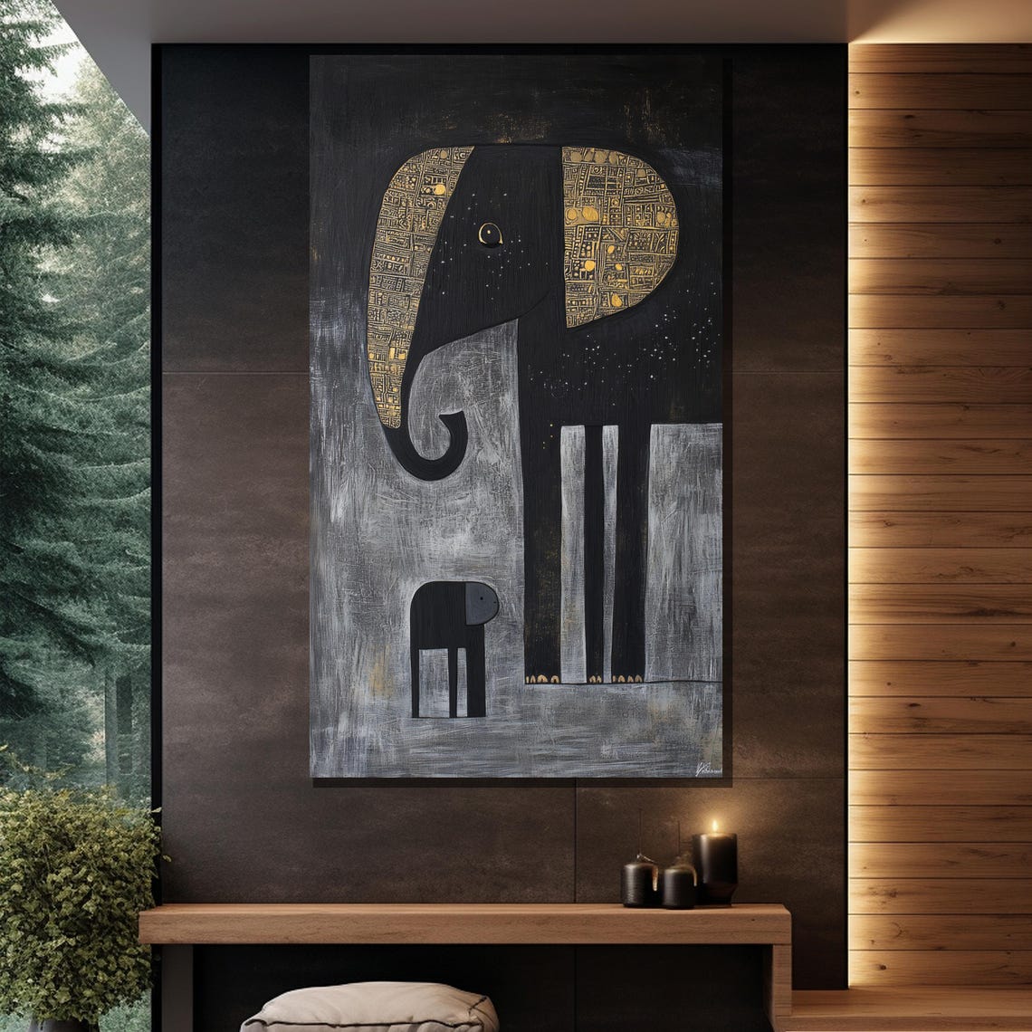 Abstract Elephant Mother And Calf Black Gold Minimalist Wall Poster - Image 2