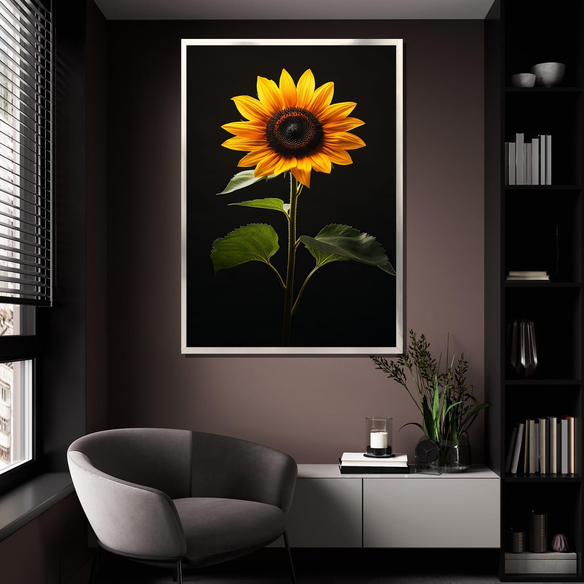 Sunflower With Green Leaves On Black Background Nature Art Poster - Image 4