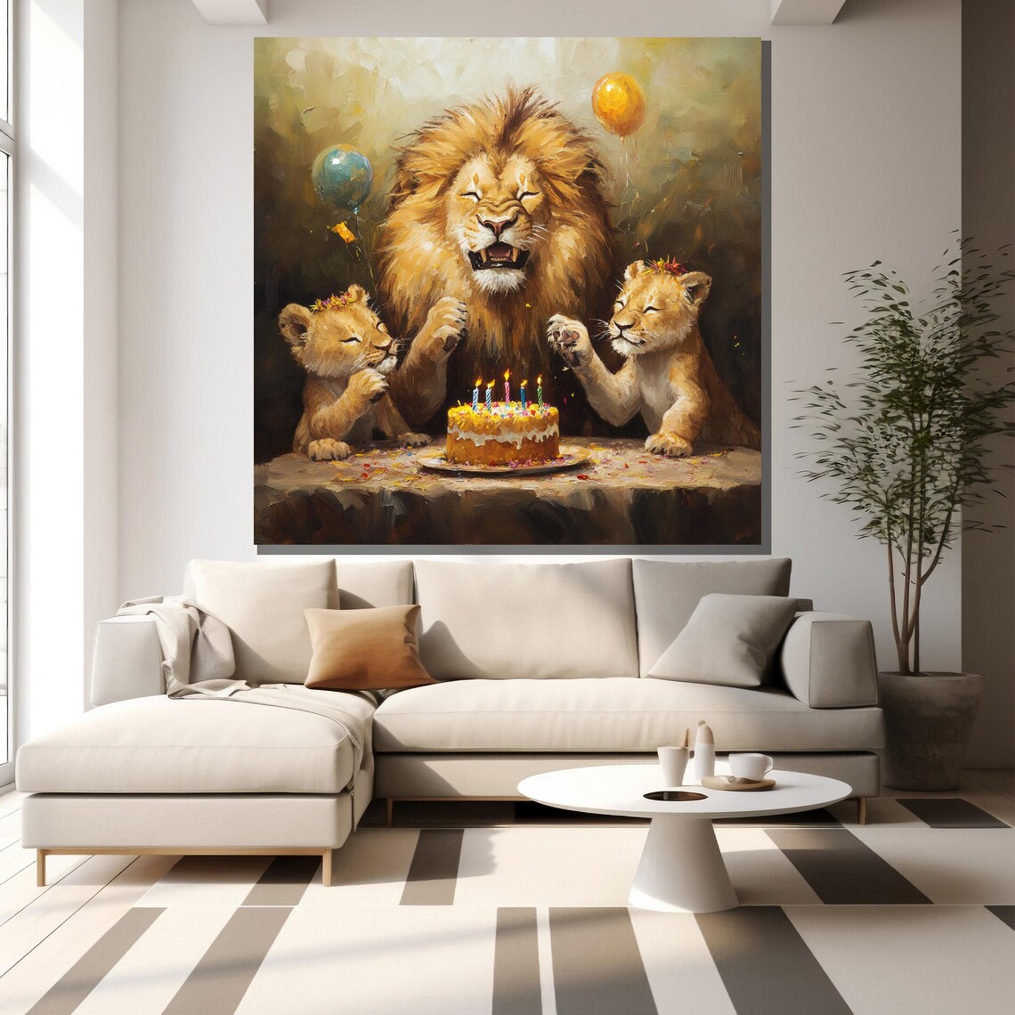 Lion Family Birthday Cake Balloons Cute Wildlife Art Wall Poster - Image 2