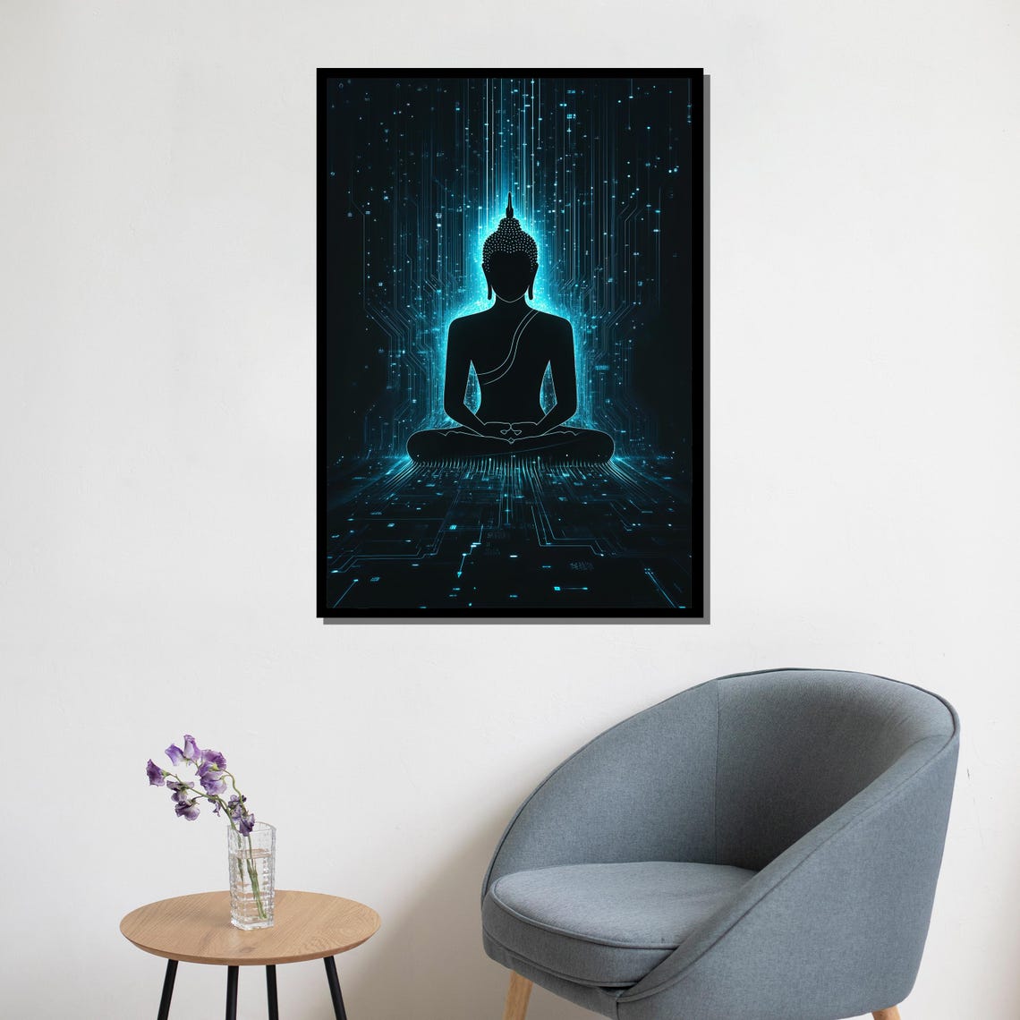 Futuristic Buddha Silhouette Glowing Blue Digital Matrix Art Poster - Image 5